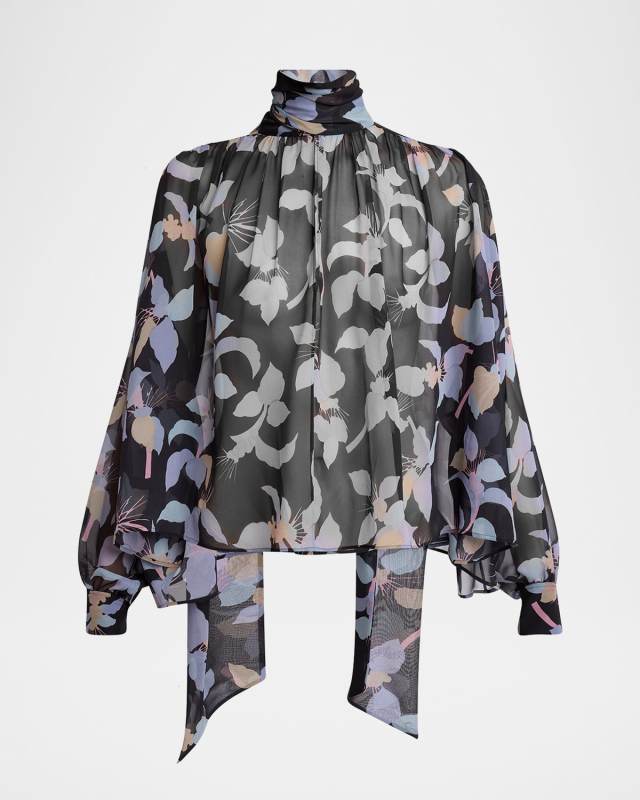 Floral-Print Chiffon Neck-Scarf Top